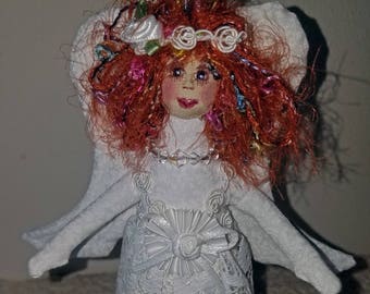Sweet fiber sculpted white lace angel, silk face, curly red hair, and lace trim
