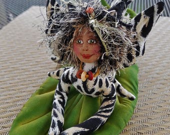 ON SALE: OOAK, Whimsical fiber sculpted jungle cat fairy on handpainted silk leaf