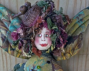 ON SALE: Enchanting OOAK fiber sculpted Fall Fairy with real acorn cap wall accent