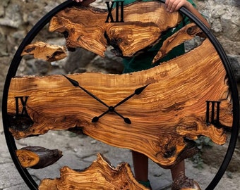80 cm (32") Wood and Metal Frame Wall Clock, Large Wooden Wall Art, Made to Order Metal and Olive Wood Wall Clock, Big Live Edge Wall Clock
