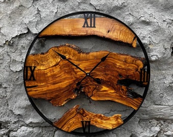 Unique Gift, Live Edge Rustic Clock, Made to Order Metal & Olive Wood Wall Clock, Big Wood Clock, Wooden Wall Art, Farmhouse Wooden Clock