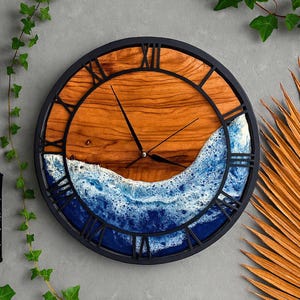 Custom Resin Olive Tree Wall Clock with Metal Frame and Numbers, Epoxy Resin Ocean Art and Beach Decor, Unique Home Decor, Sea Wave Clock