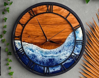 Custom Resin Olive Tree Wall Clock with Metal Frame and Numbers, Epoxy Resin Ocean Art and Beach Decor, Unique Home Decor, Sea Wave Clock