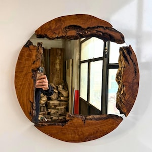 Wood Mirror, Olive Wood Round Wall Mirror, Wooden Frame Wall Mirror, Round Wood Mirror, Live Edge Wood Wall Mirror, Small-Large Wall Mirror