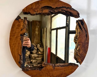 Wood Mirror, Olive Wood Round Wall Mirror, Wooden Frame Wall Mirror, Round Wood Mirror, Live Edge Wood Wall Mirror, Small-Large Wall Mirror