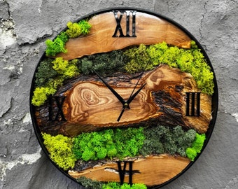 Oversized Green Wall Clock, Custom Made Moss & Wood Wall Art, Handcrafted Rustic Tree Slice Wall Art with Live Moss Accents and Metal Frame