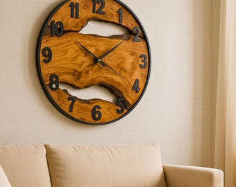 Oversized Wall Clock Made of Olive Wood, Wooden Wall Clock for Office, Unique Bespoke Olive Wood Design, Olive Wood & Black Metal Wall Clock