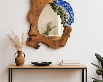 Irregular Mirror, Moss and Resin Waved Wood Framed Mirror, Handmade Coastal Office Wall Decor, Beach Resin & Preserved Moss Wall Mirror