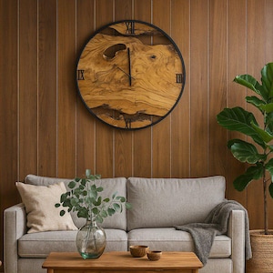 Big Wood & Metal Wall Clock, Wooden Wall Art, Made to Order Metal Olive Wood Wall Clock, Solid Wood Art, Wooden Wall Clock, Christmas Gift