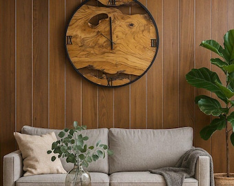 Big Wood & Metal Wall Clock, Wooden Wall Art, Made to Order Metal Olive Wood Wall Clock, Solid Wood Art, Wooden Wall Clock, Christmas Gift