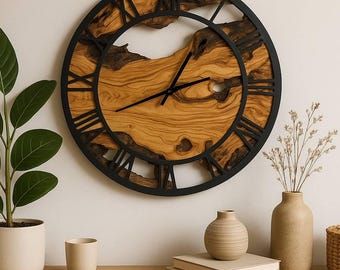 Big Wood and Metal Wall Clock, Metal Frame Wall Clock, Olive Wood Art for Home Decor, Live Edge Wall Clock, Large Wall Clock, Big Clock