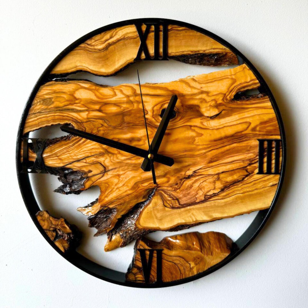 Bespoke Wooden Wall Clock, Unique Live Edge Olive Wood Wall Clock ...