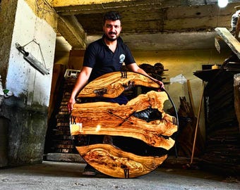 Big Christmas Gift, Big Wood and Metal Wall Clock, Special Metal and Olive Wood Large Wall Clock, Farmhouse Style  Wooden Live Wall Clock