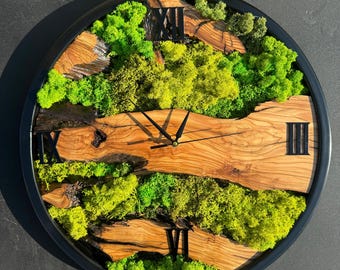 Handmade Olive Wood Natural Wall Decoration Design Clock, Moss Wall Clock, Handmade Wall Clock, Preserved Moss, Clock Mechanism And Hands