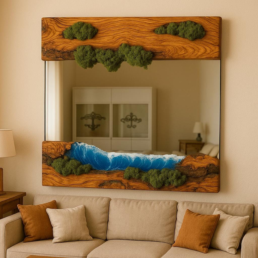 Moss & Resin Waved Wood Framed Mirror, Ocean Breeze Moss and Epoxy Mirror, Epoxy Moss and Olive Wood Wall Mirror, Nature Inspired Decor