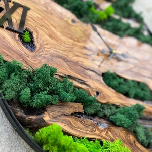 Rustic Tree Slice Wall Clock With Live Moss Accents and Metal Frame ...
