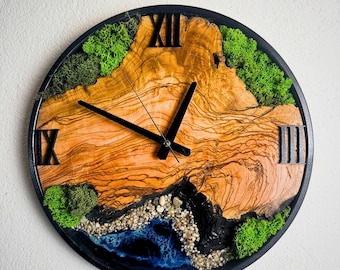 Sea Wave Moss Olive Tree and Epoxy Metal Frame Large Wall Clock, Moss Wall Art, Epoxy Resin Wall Clock, Wooden Wall Clock, Moss Wall Clock