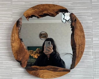 Wood Frame Mirror Wall Decor, Round Wood Mirror, Live Edge Wood Wall Mirror, Circle Wood Mirror, Olive Wood Round Mirror, Wall Decor Idea