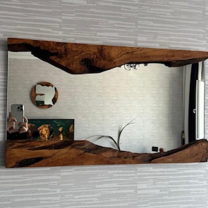 Olive Wood & Mirror, Asymmetrical Mirror, Natural Design Wooden Mirror, Handmade Mirror with Live Edge Wood Detail, Wooden Live Edge Mirror