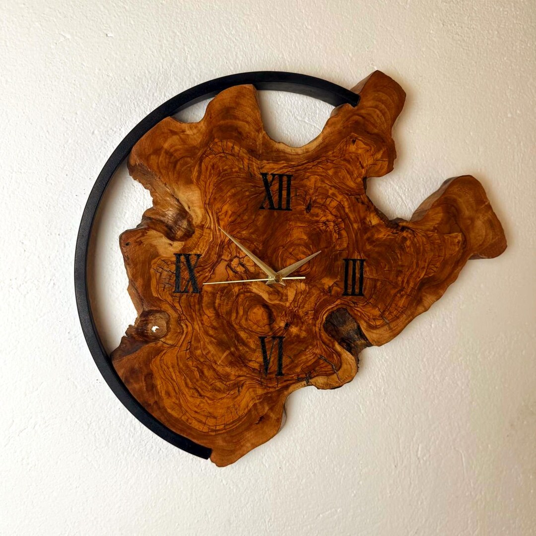 Real Live Edge Olive Wood Wall Clock With Unique Asymmetric Design ...