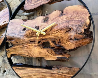 Personalized Metal & Olive Wood Wall Clock - Rustic Decor Piece - Custom Made Metal Wood Wall Clock - Big Wood Metal Wall Clock - Home Gift