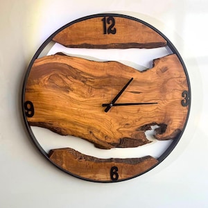 Unique Wall Clock, Big Wood and Metal Wall Clock, Made to Order Metal & Olive Wood Wall Clock, Farmhouse Style Wooden Live Edge Wall Clock