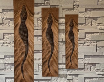 Rustic Wildlife Wall Art, Engraved Wood Carving, Wood Carved Picture, Wooden Crocodile, Wooden Animal Art, 3D Wall Decor, Housewarming Gift