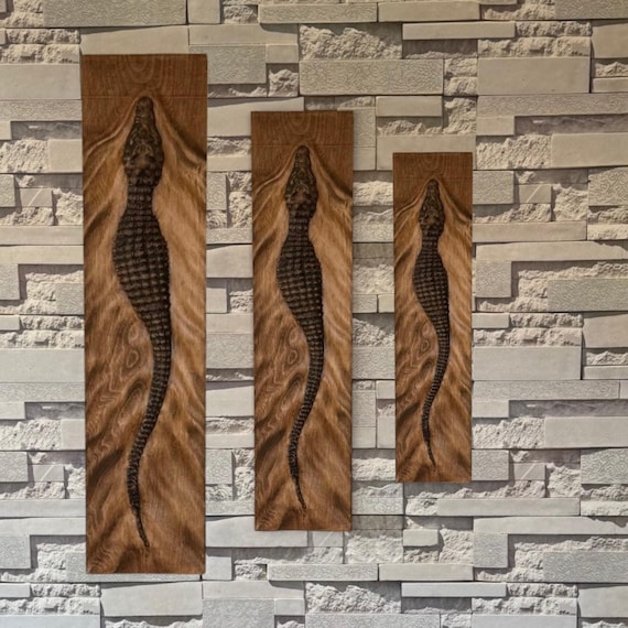 Rustic Wildlife Wall Art, Engraved Wood Carving, Wood Carved Picture, Wooden Crocodile, Wooden Animal Art, 3D Wall Decor, Housewarming Gift