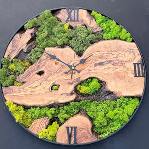 Rustic Tree Slice Wall Clock With Live Moss Accents and Metal Frame ...