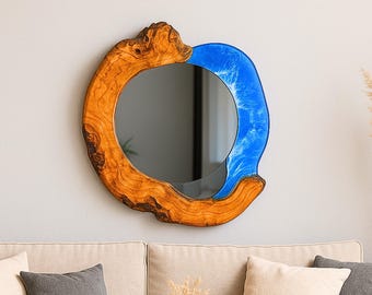 Irregular Epoxy Wave & Olive Wood Mirror, Aesthetic Ocean Blue Epoxy and Live Edge Wood Wall Mirror, Wall Resin and Wood Mirror, Wall Mirror