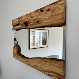 Olive Wood & Mirror, Asymmetrical Mirror, Full Length Mirror, Handmade Mirror with Live Edge Wood Detail, Wooden Live Edge Mirror