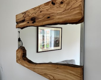 Olive Wood & Mirror, Asymmetrical Mirror, Full Length Mirror, Handmade Mirror with Live Edge Wood Detail, Wooden Live Edge Mirror