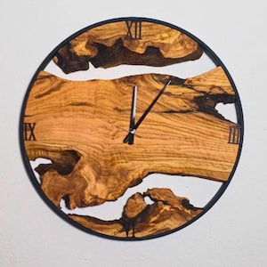 Oversized Wall Clock, Unique Wood Wall Clock Made of Olive Wood, Big Wood and Metal Wall Clock, Made to Order Metal & Olive Wood Wall Clock