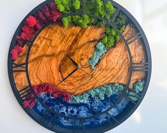 Unique Epoxy & Moss Wall Clock, Resin Art Wall Clock, Metal Frame and Metal Numerals Olive Tree Wall Clock, Epoxy Wall Art, Large Wall Clock