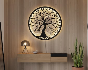 Tree of Life LED Decor, Moon Wall Decor, Moon Night Light Home Decor, Plaster Moon and Wooden Tree of Life Night Light, LED Wall Decoration