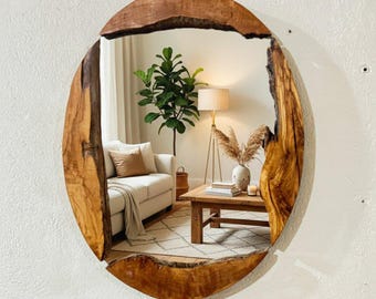 Wooden Framed Oval Mirror, Olive Wood Frame Mirror Wall Decor, Live Edge Wood Wall Mirror, Large Wall Mirror, Bathroom Mirror, Vanity Mirror