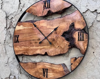 Large Wall Clock, Live Edge Clock, Olive Wood Wall Clock, Farmhouse Clock, Unique Wall Art, Live Edge Clock, Wooden Wall Art, Home Decor