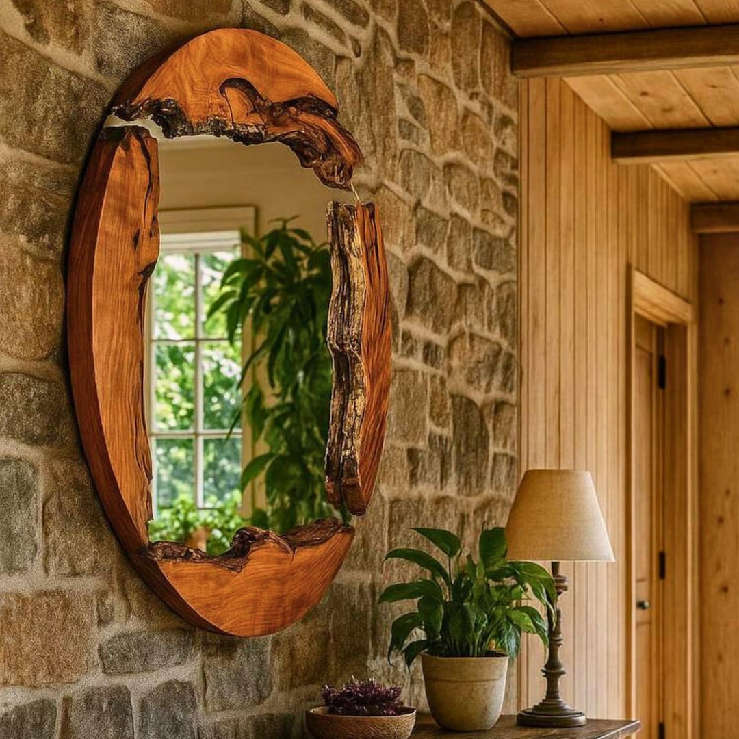 Wood Mirror, Olive Wood Round Wall Mirror, Wooden Frame Wall Mirror ...