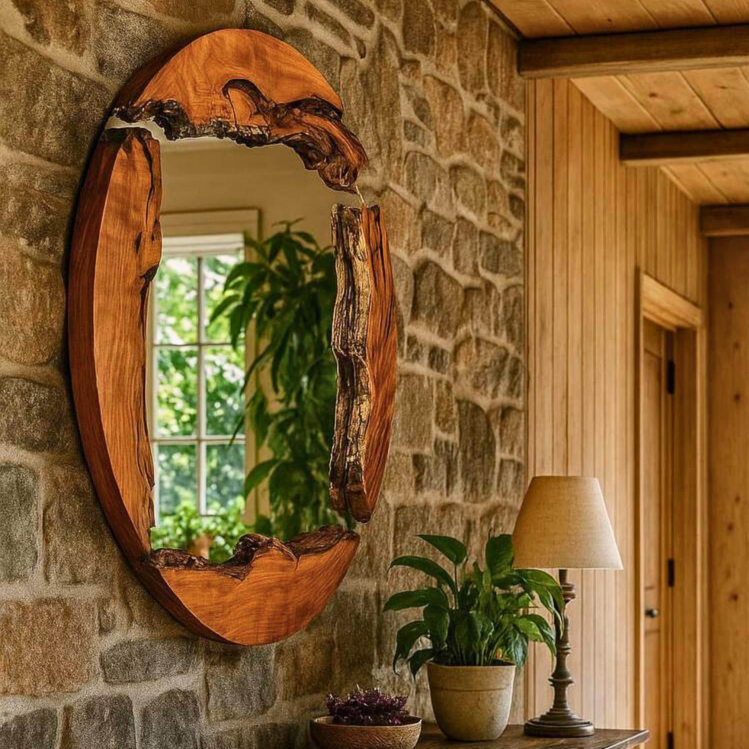 Wood Mirror, Olive Wood Round Wall Mirror, Wooden Frame Wall Mirror, Round Wood Mirror, Live Edge Wood Wall Mirror, Small-Large Wall Mirror