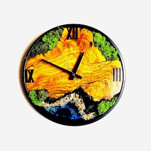 Sea Wave Moss Olive Tree and Epoxy Metal Frame Large Wall Clock, Moss Wall Art, Epoxy Resin Wall Clock, Wooden Wall Clock, Moss Wall Clock