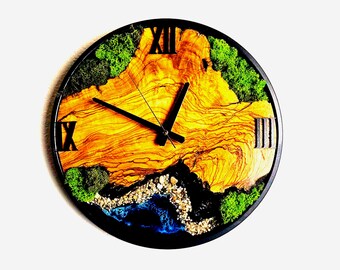 Sea Wave Moss Olive Tree and Epoxy Metal Frame Large Wall Clock, Moss Wall Art, Epoxy Resin Wall Clock, Wooden Wall Clock, Moss Wall Clock