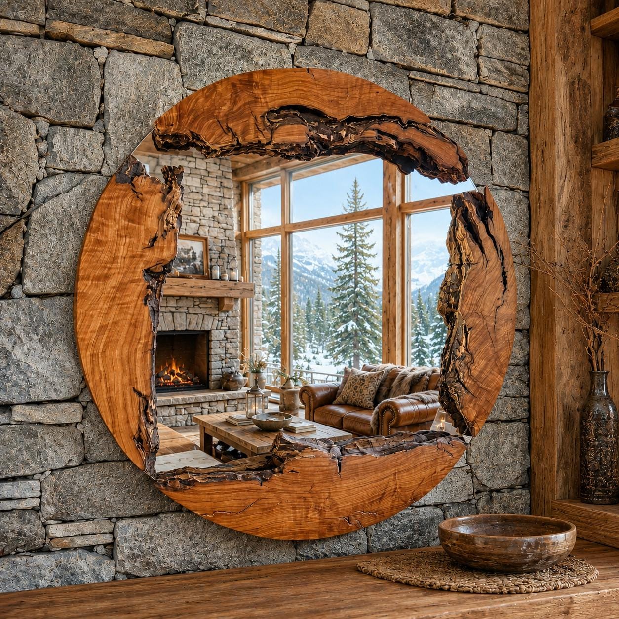 Wood Mirror, Olive Wood Round Wall Mirror, Wooden Frame Wall