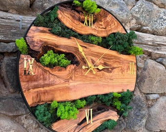 Handcrafted Live Moss Wooden Wall Clock, Olive Wooden Wall Clock & Moss Wall Art, Unique Home Decor, Metal and Olive Tree Wooden Wall Clock