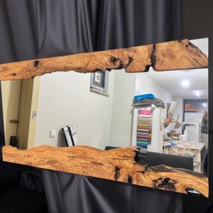 Large Wall Mirror for Wall Decor, Olive Wood & Mirror, Asymmetrical Mirror, Handmade Mirror with Live Edge Wood Detail, Modern Wall Mirror