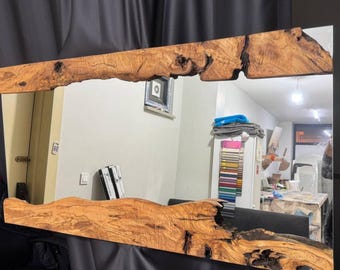 Large Wall Mirror for Wall Decor, Olive Wood & Mirror, Asymmetrical Mirror, Handmade Mirror with Live Edge Wood Detail, Modern Wall Mirror