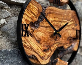 Oversized Wall Clock, Olive Wooden Rustic Wall Clock, Made to Order Metal & Olive Wood Wall Clock, Farmhouse Wooden Live Edge Wall Clock