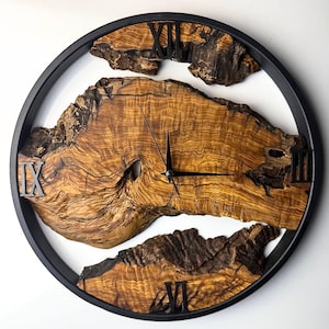 Oversized Wall Clock, Solid Wood Art, Made to Order Metal & Olive Wood Wall Clock, Wooden Wall Clock, Christmas Gift, Home Decor, Wall Art