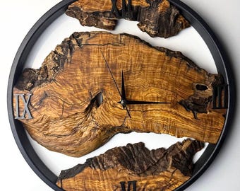 Oversized Wall Clock, Solid Wood Art, Made to Order Metal & Olive Wood Wall Clock, Wooden Wall Clock, Christmas Gift, Home Decor, Wall Art