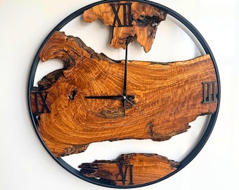Live Edge Wall Clock, Oversized Wall Clock, Unique Home Decor, Made to Order Metal & Olive Wood Wall Art, Wooden Wall Clock, Christmas Gift