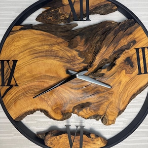 Made to Order Metal & Olive Wood Wall Clock, Oversized Wall Clock, Big Wood and Metal Wall Clock, Large Wall Art, Live Edge Clock, Home Art